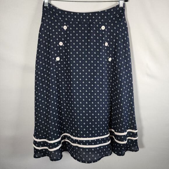 VooDoo Vixen Blue White Nauticle Print Button A-Line Midi Swing Skirt Size L - Picture 1 of 7